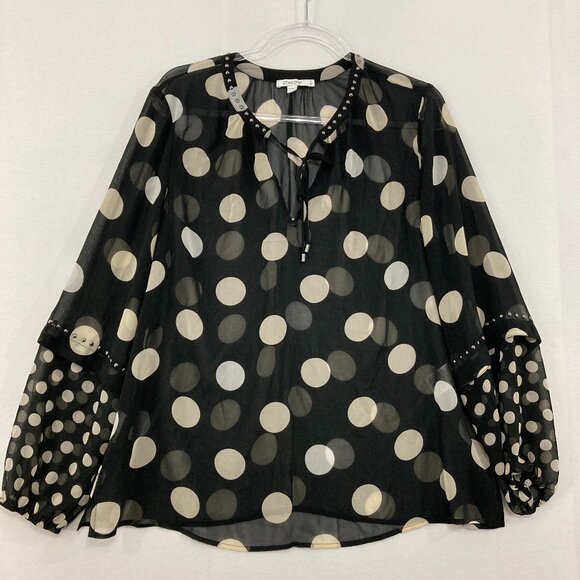 Chico's size 12 Black Cream Polka Dot Studded Tie Front Sheer Romantic Blouse - Picture 1 of 11